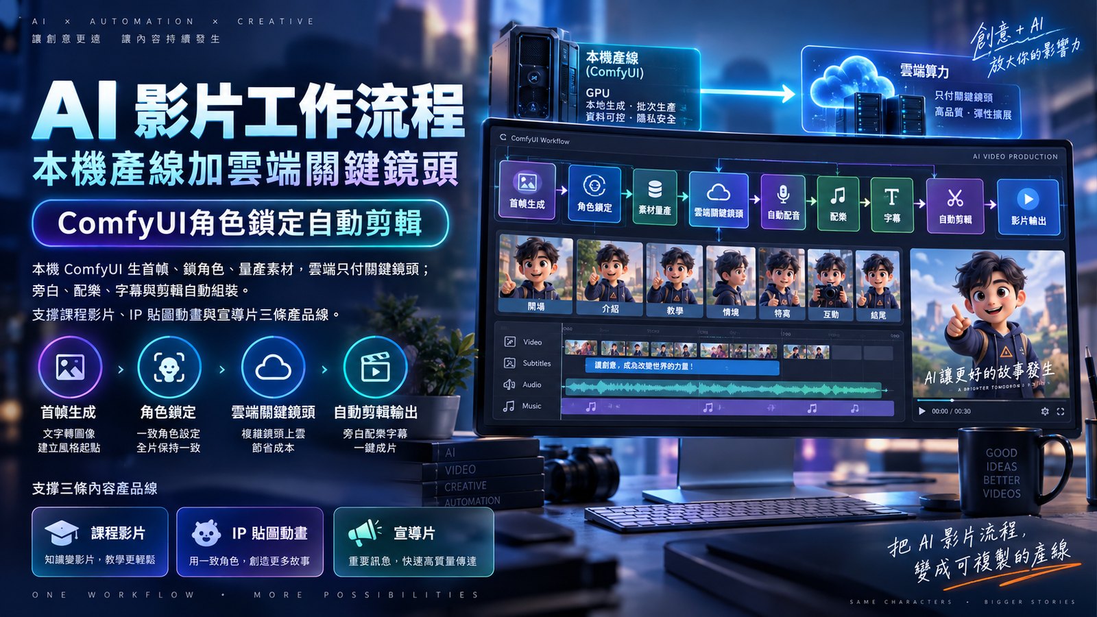 AI 影片工作流程：本機產線加雲端關鍵鏡頭